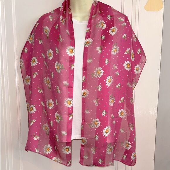 Vintage Pink Semi Sheer Polyester Long Scarf with White Daisy Print - Picture 1 of 6